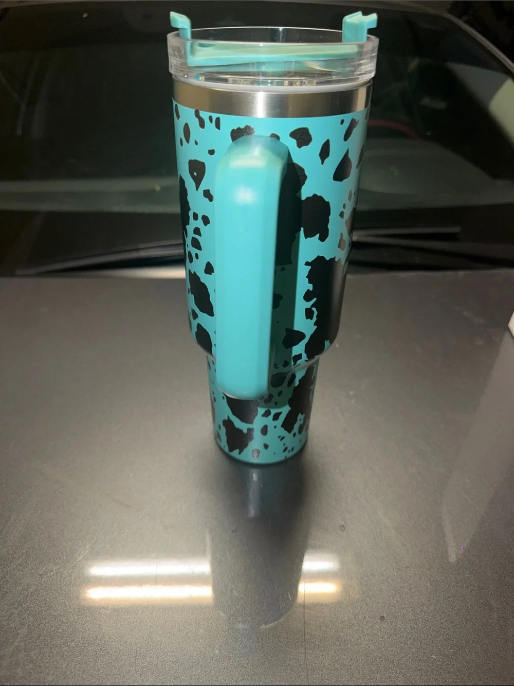 Aqua Black Cowprint Travel Mug with Handle